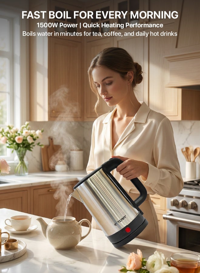 تيم Team Stainless Steel Cordless Electric Kettle 1.5L, 1500W Fast Boil, Auto Shut‑Off, BPA‑Free, 360° Rotational Base, Concealed Heating Element - Image 2